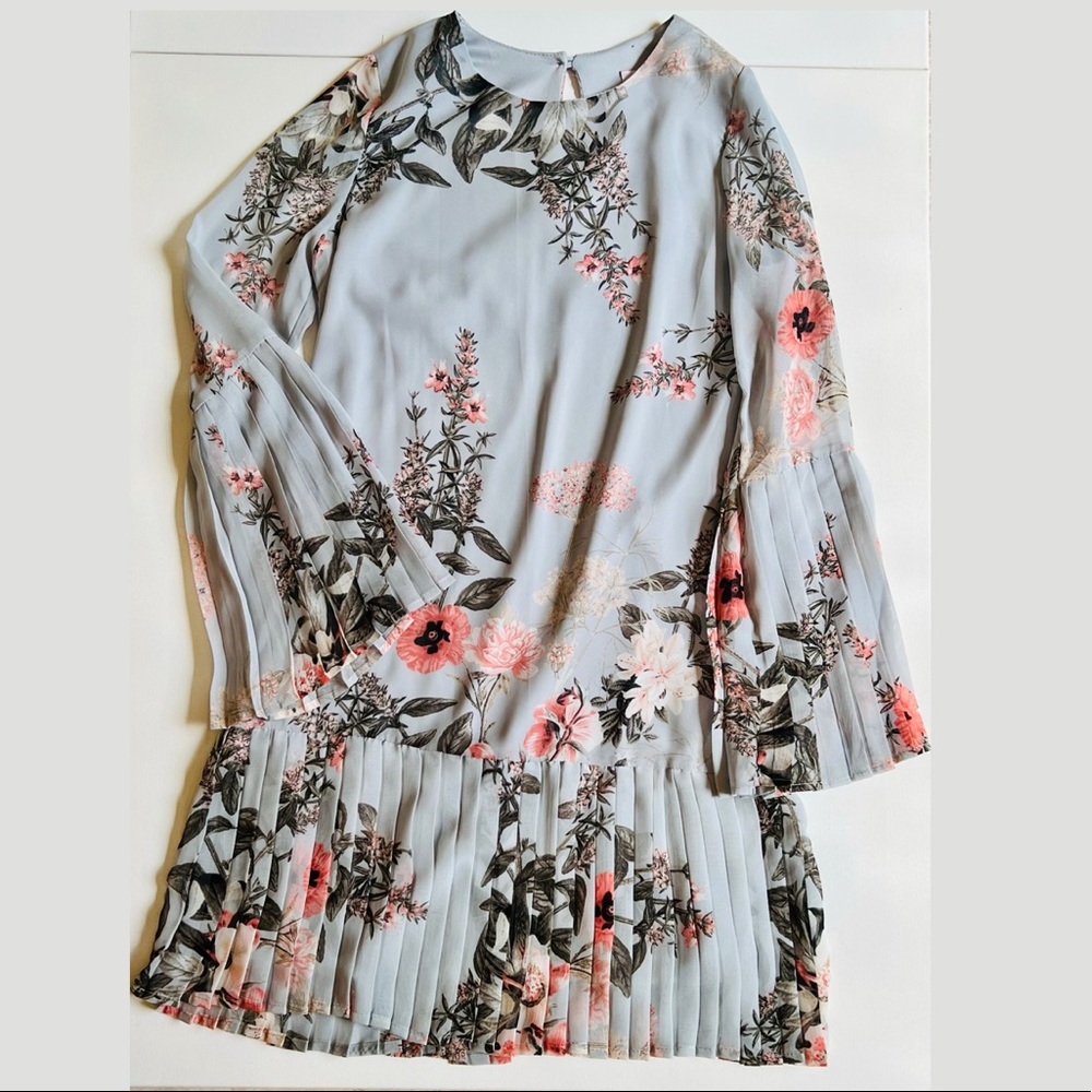 GB Girls Light Blue Floral Dress with Frills and Bell Sleeves 9-10